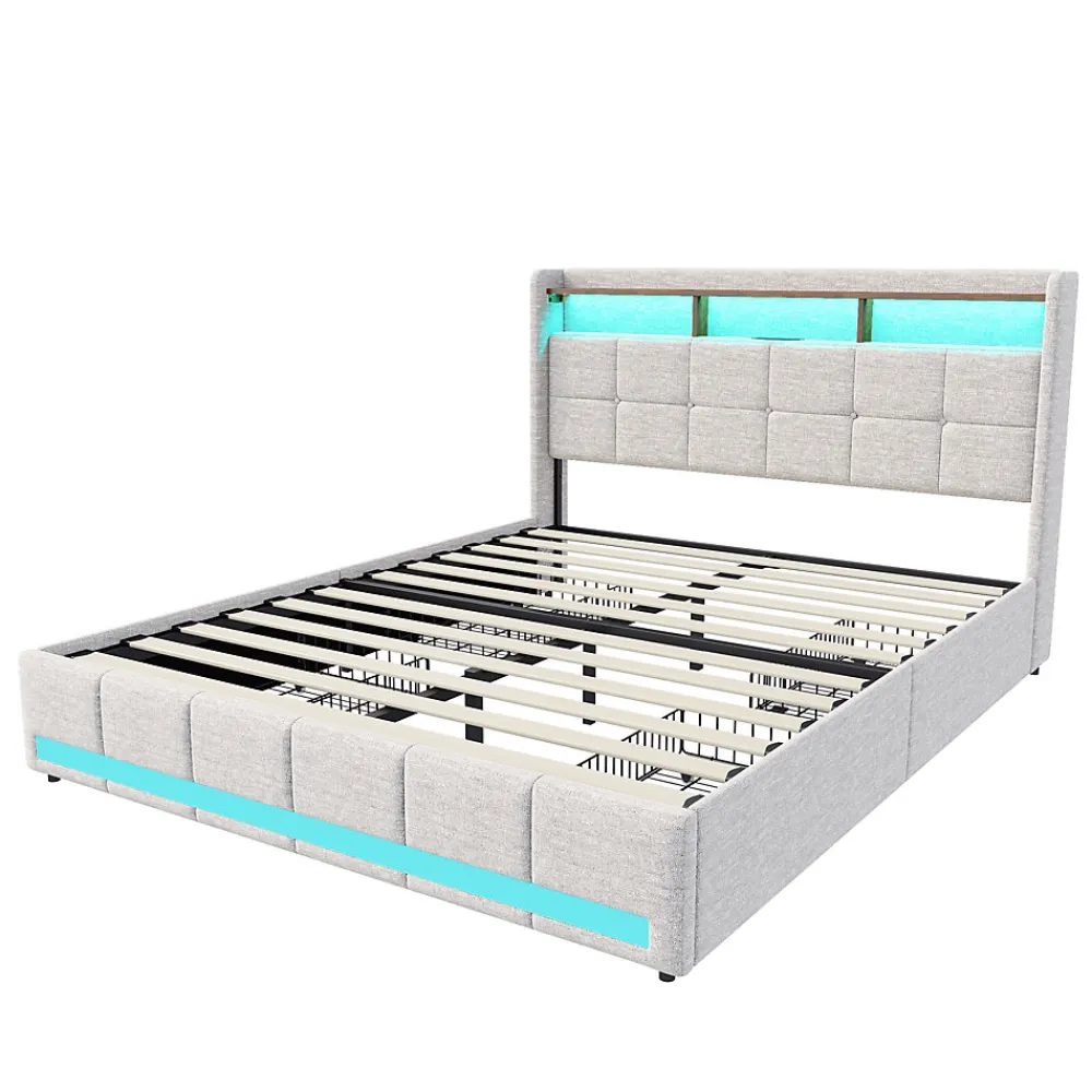 Lit 180x200 Sommier LED Et 2 USB, Type-c, Lit Capitonné Lit Double Avec 4 Tiroirs, Lin, Beige>Simple Life Clearance