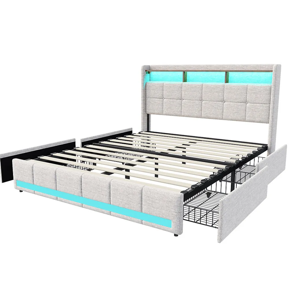 Lit 180x200 Sommier LED Et 2 USB, Type-c, Lit Capitonné Lit Double Avec 4 Tiroirs, Lin, Beige>Simple Life Clearance