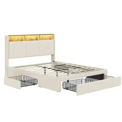 Simple Life Lit 160x200 Sommier LED et USB, Type-C,Lit Capitonné Lit Double avec 4 Tiroirs,Velours, Beige* Lit Coffre