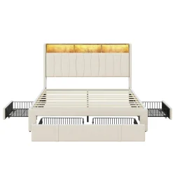 Simple Life Lit 160x200 Sommier LED et USB, Type-C,Lit Capitonné Lit Double avec 4 Tiroirs,Velours, Beige* Lit Coffre