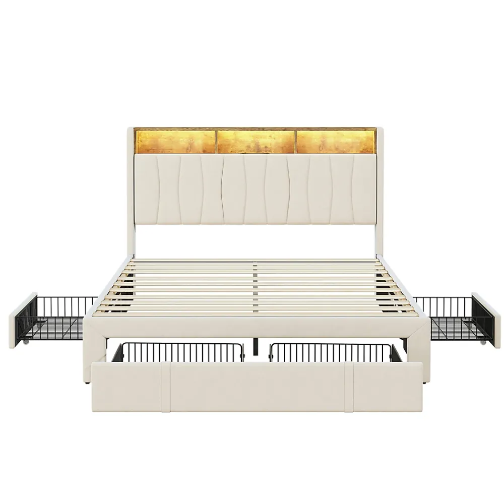 Simple Life Lit 160x200 Sommier LED et USB, Type-C,Lit Capitonné Lit Double avec 4 Tiroirs,Velours, Beige* Lit Coffre
