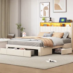 Simple Life Lit 160x200 Sommier LED et USB, Type-C,Lit Capitonné Lit Double avec 4 Tiroirs,Velours, Beige* Lit Coffre