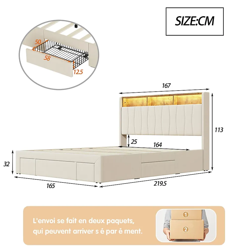 Simple Life Lit 160x200 Sommier LED et USB, Type-C,Lit Capitonné Lit Double avec 4 Tiroirs,Velours, Beige* Lit Coffre