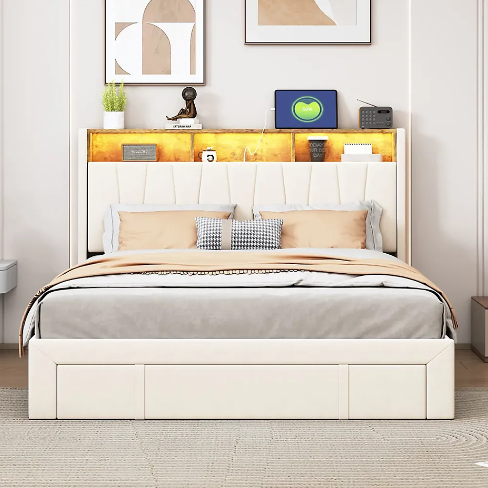 Simple Life Lit 160x200 Sommier LED et USB, Type-C,Lit Capitonné Lit Double avec 4 Tiroirs,Velours, Beige* Lit Coffre