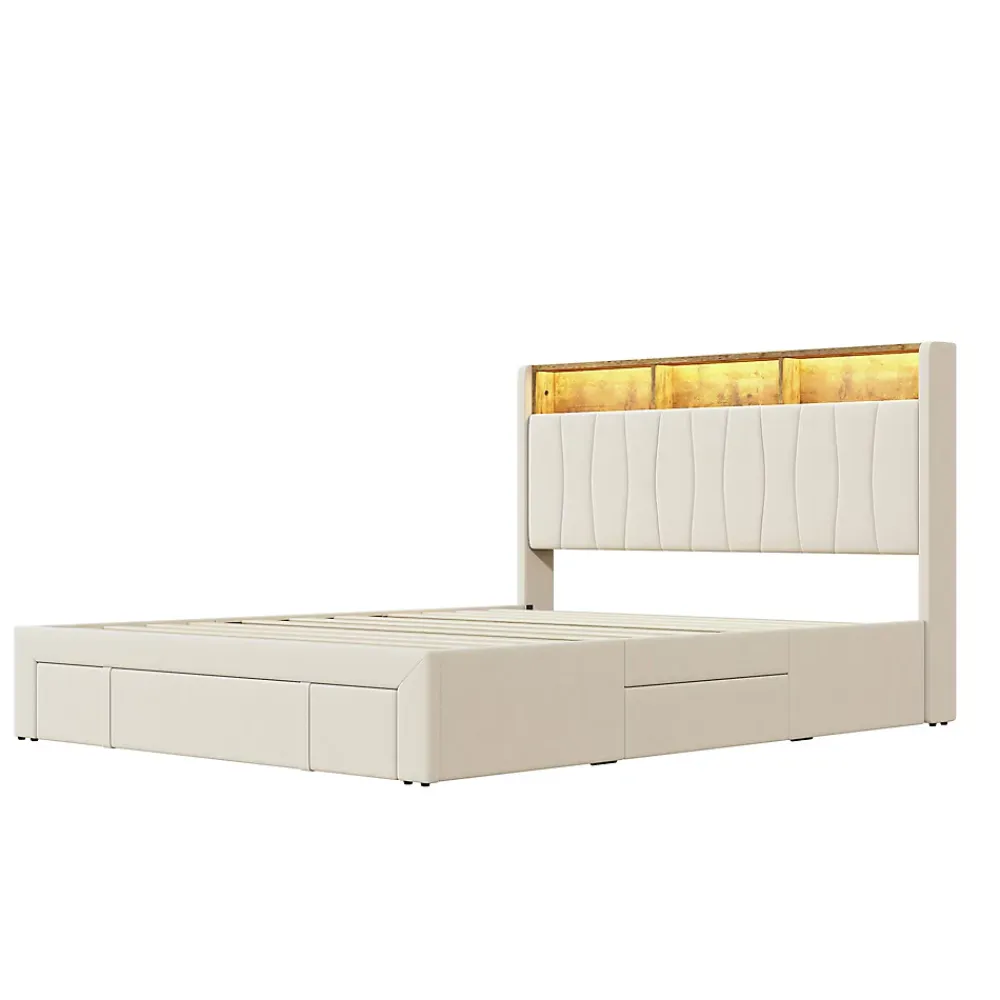 Simple Life Lit 160x200 Sommier LED et USB, Type-C,Lit Capitonné Lit Double avec 4 Tiroirs,Velours, Beige* Lit Coffre