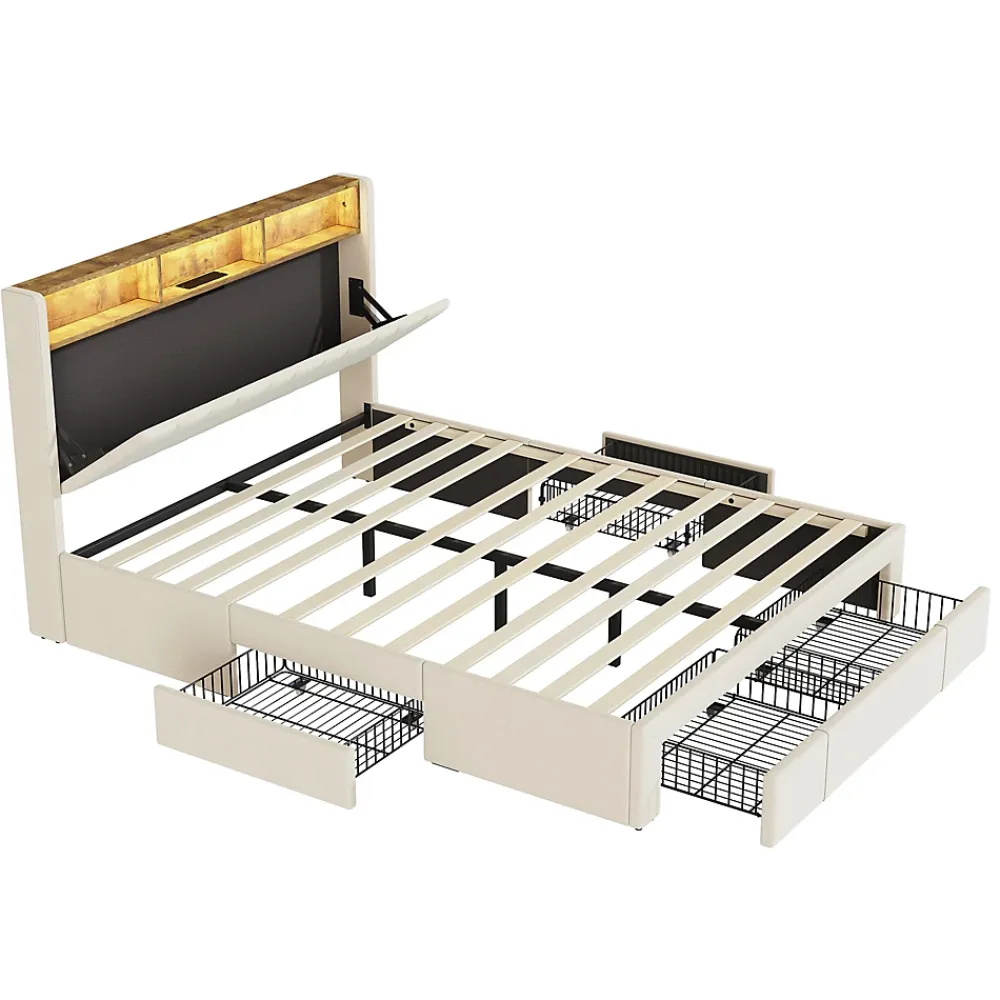Simple Life Lit 160x200 Sommier LED et USB, Type-C,Lit Capitonné Lit Double avec 4 Tiroirs,Velours, Beige* Lit Coffre