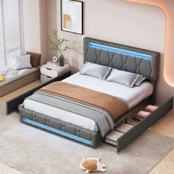 Lit 140x200cm avec 4 tiroirs + LED + sommier à lattes - lin - Gris>Generique