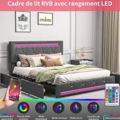 Lit 140x200cm avec 4 tiroirs + LED + sommier à lattes - lin - Gris><noscript><img width=