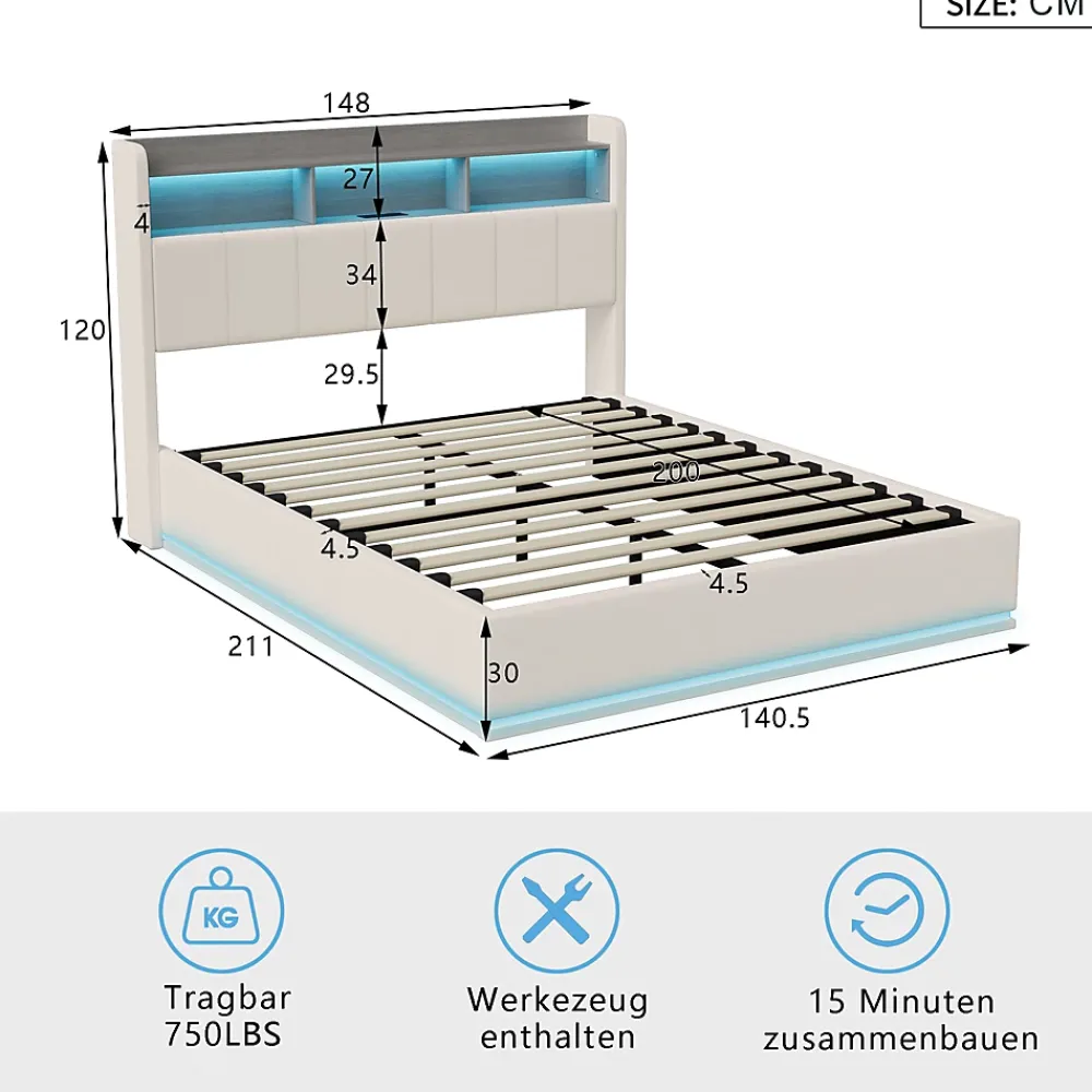 Simple Life lit 140x200cm avec éclairage LED, Lit Coffre avec Sommier à Lattes, Prises, USB et Type-C, Velours* Lit Coffre