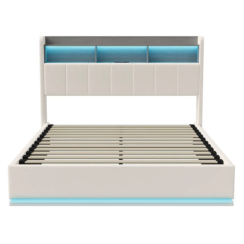 Simple Life lit 140x200cm avec éclairage LED, Lit Coffre avec Sommier à Lattes, Prises, USB et Type-C, Velours* Lit Coffre