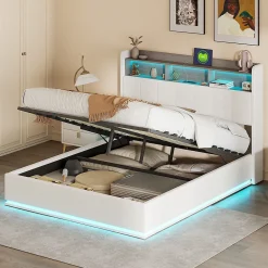 Simple Life lit 140x200cm avec éclairage LED, Lit Coffre avec Sommier à Lattes, Prises, USB et Type-C, Velours* Lit Coffre