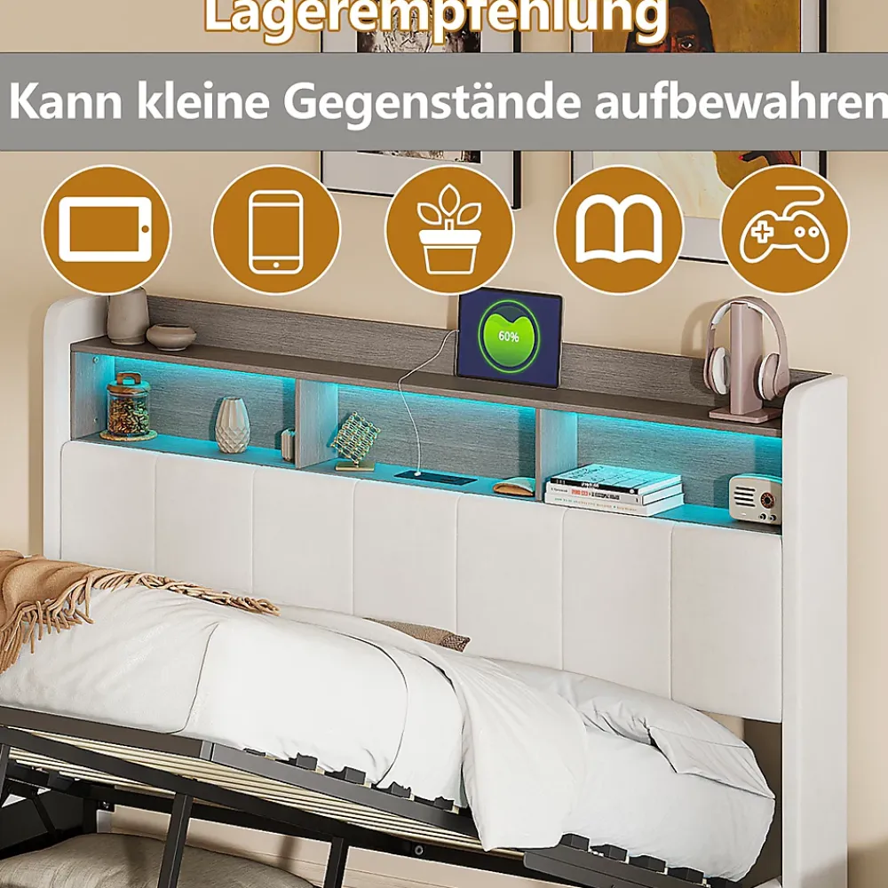 Simple Life lit 140x200cm avec éclairage LED, Lit Coffre avec Sommier à Lattes, Prises, USB et Type-C, Velours* Lit Coffre