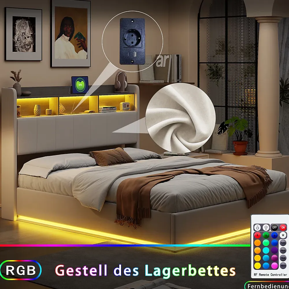 Simple Life lit 160x200cm avec éclairage LED, Lit Coffre avec Sommier à Lattes, Prises, USB et Type-C, Velours* Lit Coffre