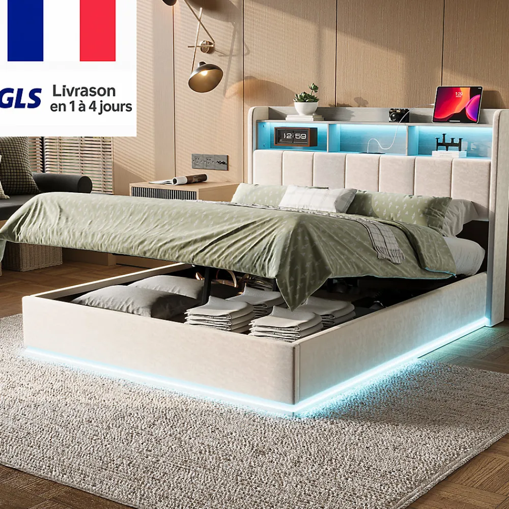 Simple Life lit 160x200cm avec éclairage LED, Lit Coffre avec Sommier à Lattes, Prises, USB et Type-C, Velours* Lit Coffre
