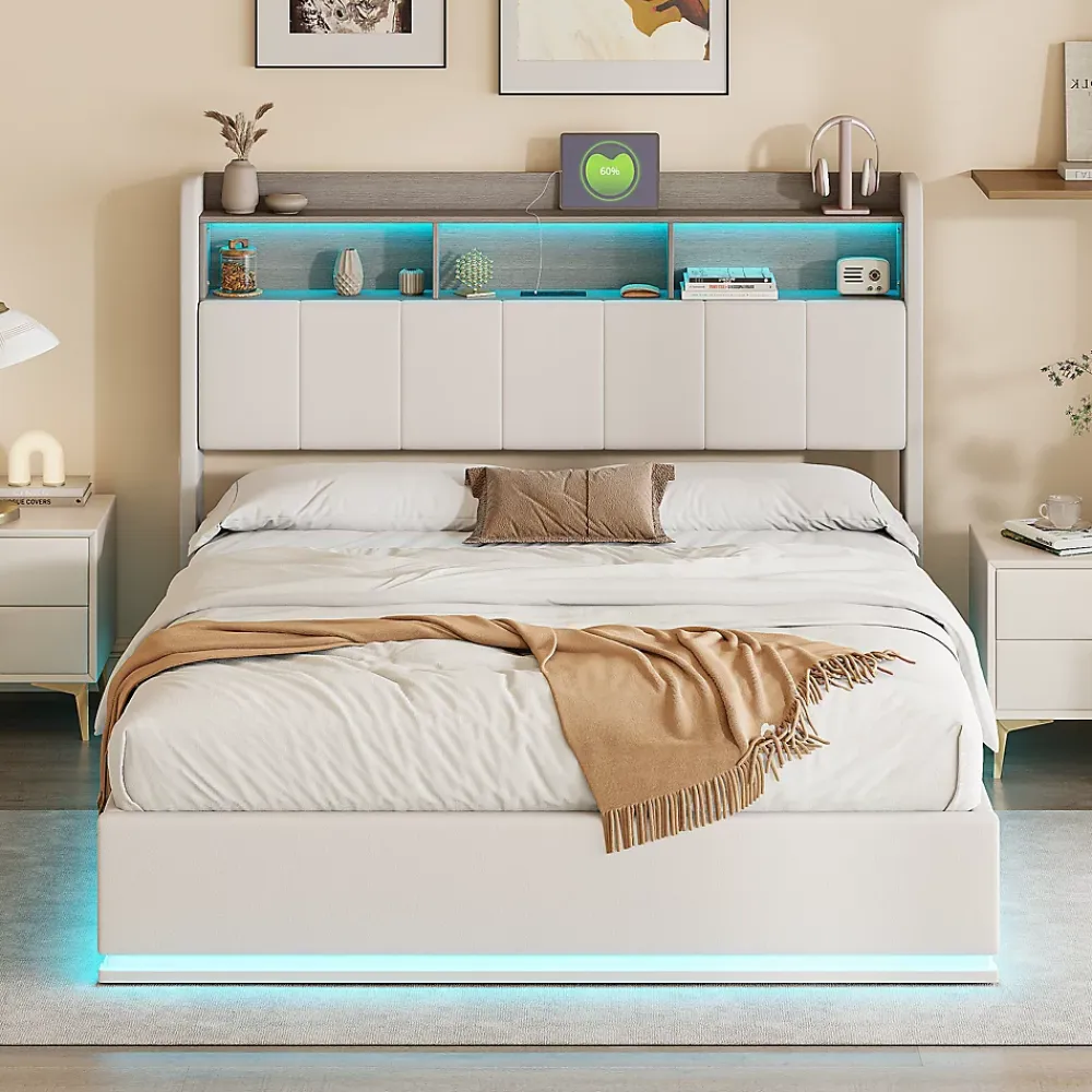 Simple Life lit 160x200cm avec éclairage LED, Lit Coffre avec Sommier à Lattes, Prises, USB et Type-C, Velours* Lit Coffre