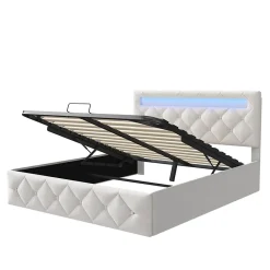Simple Life Lit 160x200cm avec LED - Sommier à Lattes - Grand Rangement - Beige* Lit Coffre