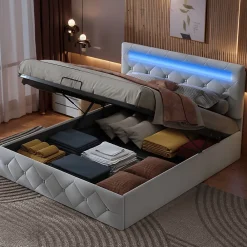 Simple Life Lit 160x200cm avec LED - Sommier à Lattes - Grand Rangement - Beige* Lit Coffre