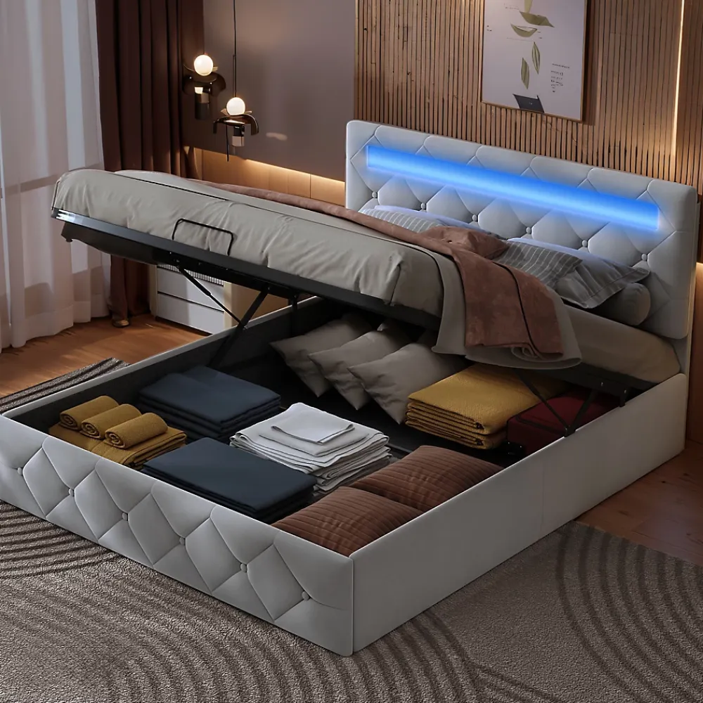 Simple Life Lit 160x200cm avec LED - Sommier à Lattes - Grand Rangement - Beige* Lit Coffre