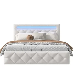 Simple Life Lit 160x200cm avec LED - Sommier à Lattes - Grand Rangement - Beige* Lit Coffre