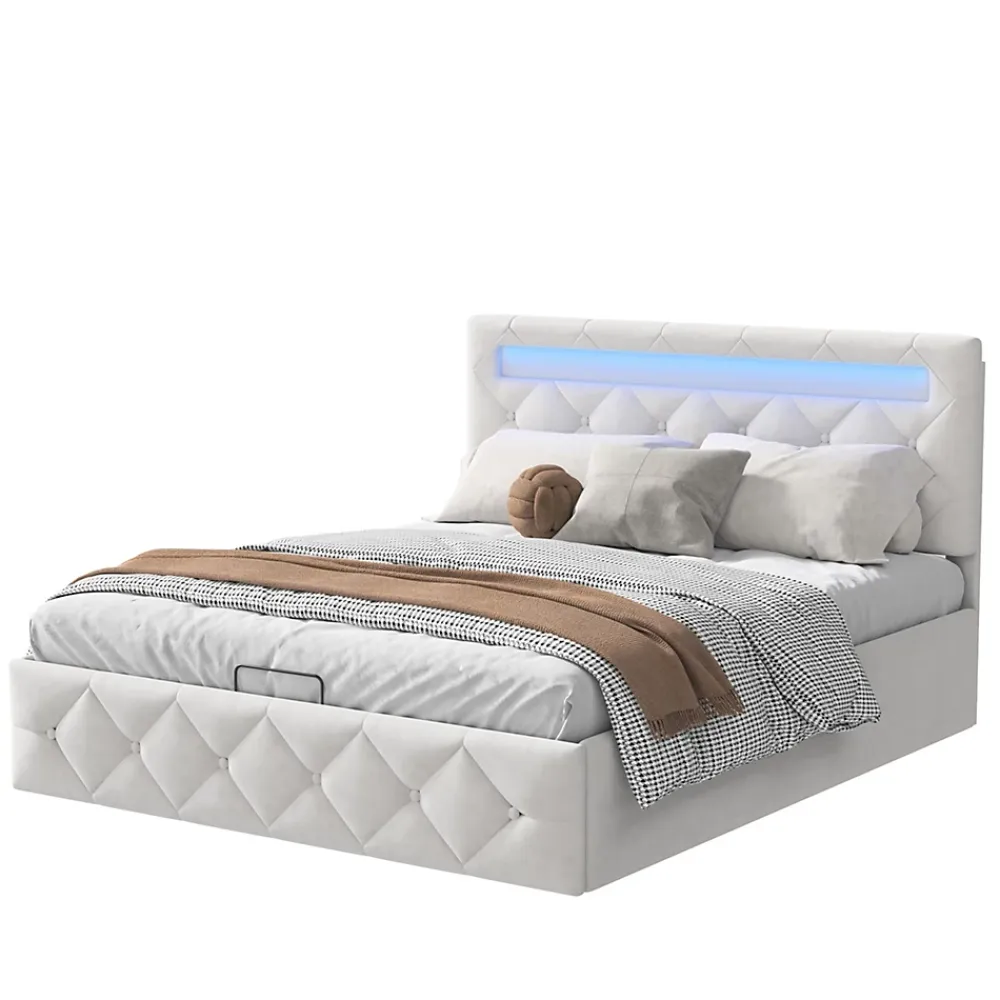Simple Life Lit 160x200cm avec LED - Sommier à Lattes - Grand Rangement - Beige* Lit Coffre