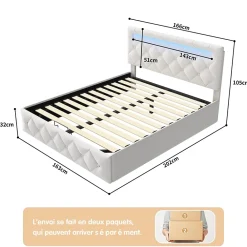 Simple Life Lit 160x200cm avec LED - Sommier à Lattes - Grand Rangement - Beige* Lit Coffre