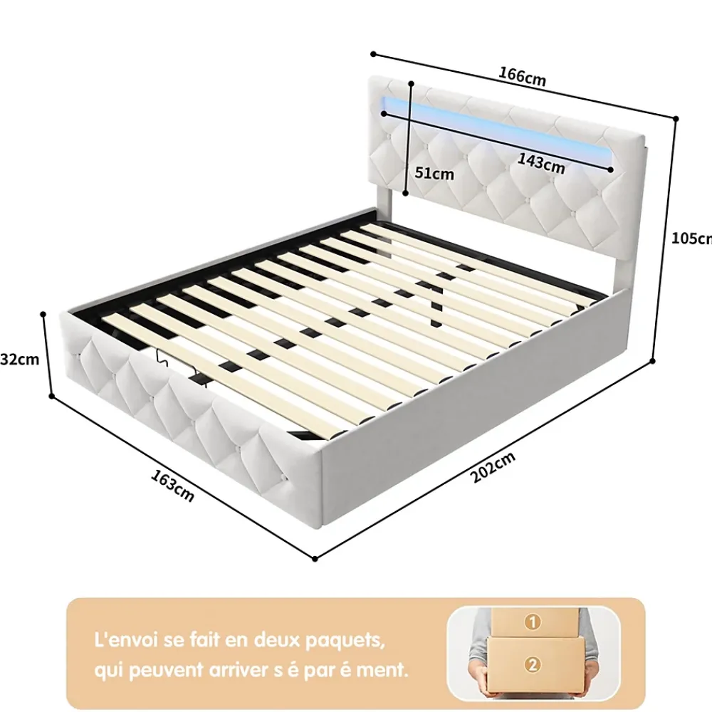 Simple Life Lit 160x200cm avec LED - Sommier à Lattes - Grand Rangement - Beige* Lit Coffre