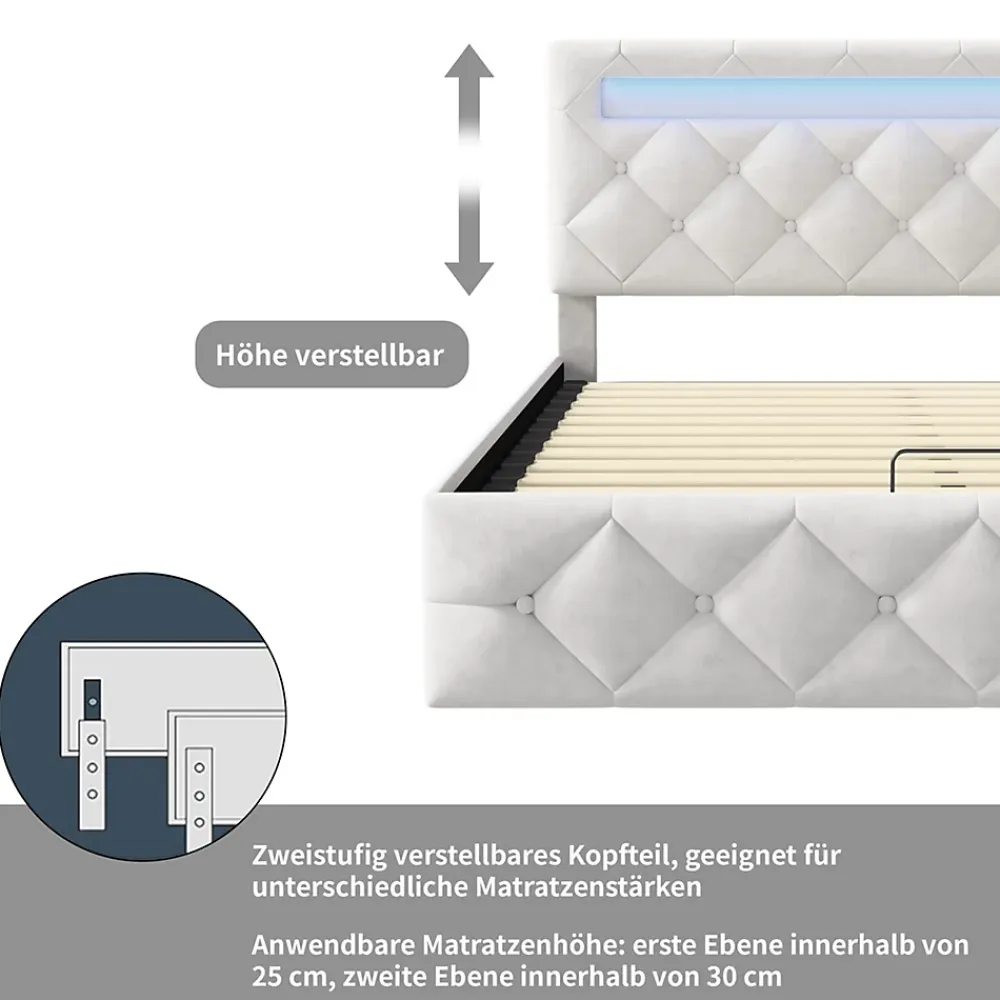 Simple Life Lit 160x200cm avec LED - Sommier à Lattes - Grand Rangement - Beige* Lit Coffre