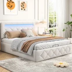 Simple Life Lit 160x200cm avec LED - Sommier à Lattes - Grand Rangement - Beige* Lit Coffre