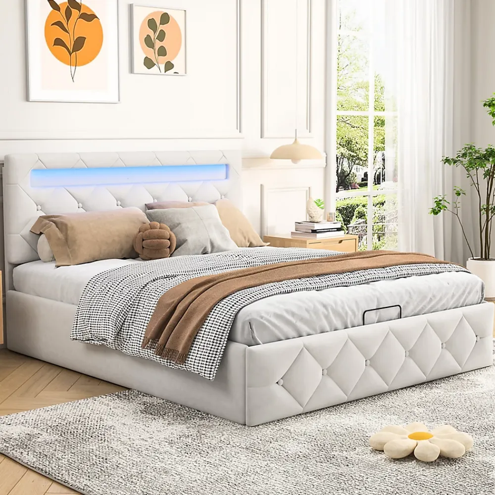 Simple Life Lit 160x200cm avec LED - Sommier à Lattes - Grand Rangement - Beige* Lit Coffre