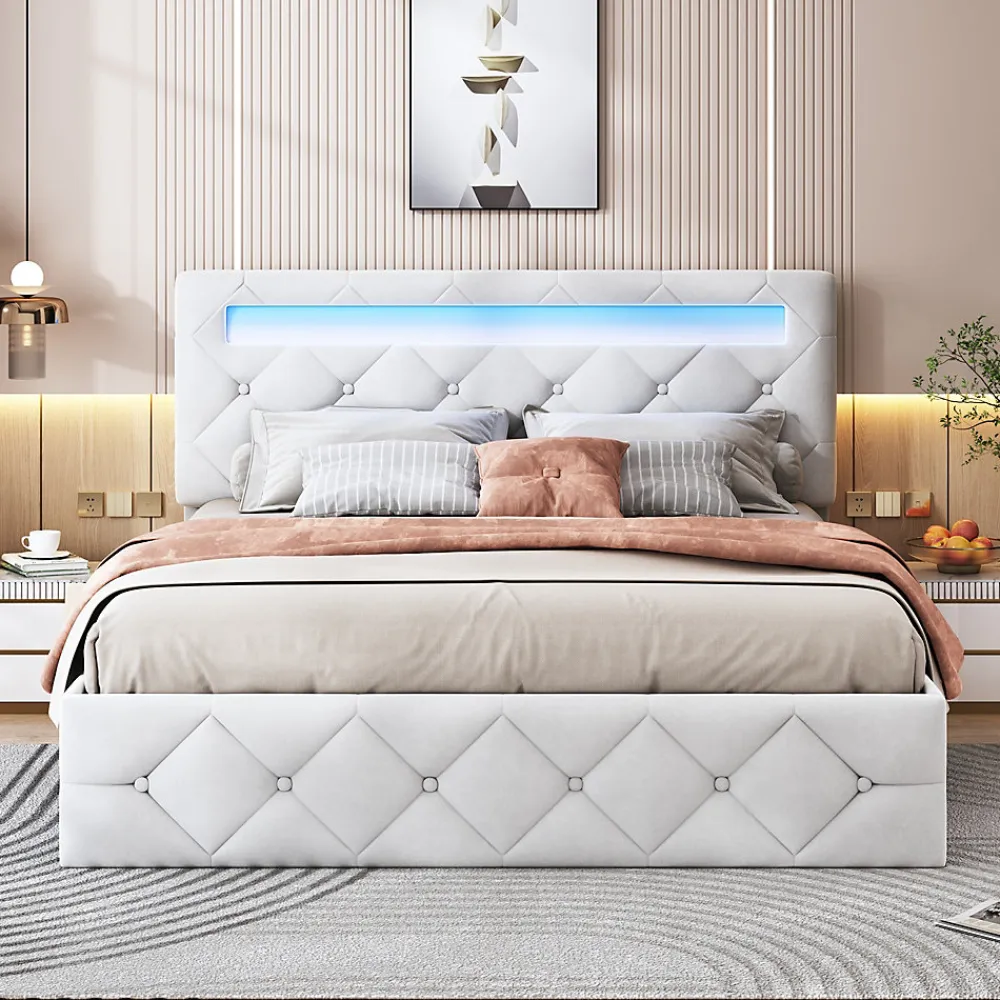 Simple Life Lit 160x200cm avec LED - Sommier à Lattes - Grand Rangement - Beige* Lit Coffre