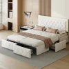 Lit 140x200cm avec LED tête de lit relevable, Lit capitonné avec 4 tiroirs et Rangement Lit, Blanc>Simple Life Discount