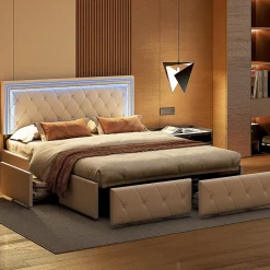 Lit 140x200cm avec LED tête de lit relevable, Lit capitonné avec 4 tiroirs et Rangement Lit, Blanc><noscript><img width=