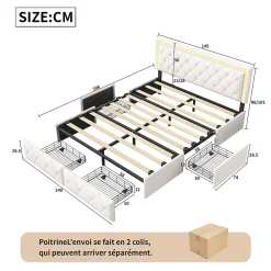 Lit 140x200cm avec LED tête de lit relevable, Lit capitonné avec 4 tiroirs et Rangement Lit, Blanc><noscript><img width=