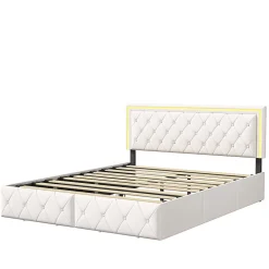 Lit 140x200cm avec LED tête de lit relevable, Lit capitonné avec 4 tiroirs et Rangement Lit, Blanc><noscript><img width=