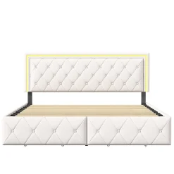 Lit 140x200cm avec LED tête de lit relevable, Lit capitonné avec 4 tiroirs et Rangement Lit, Blanc><noscript><img width=