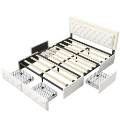 Lit 140x200cm avec LED tête de lit relevable, Lit capitonné avec 4 tiroirs et Rangement Lit, Blanc><noscript><img width=