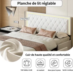 Lit 140x200cm avec LED tête de lit relevable, Lit capitonné avec 4 tiroirs et Rangement Lit, Blanc><noscript><img width=