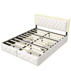 Lit 140x200cm avec LED tête de lit relevable, Lit capitonné avec 4 tiroirs et Rangement Lit, Blanc><noscript><img width=