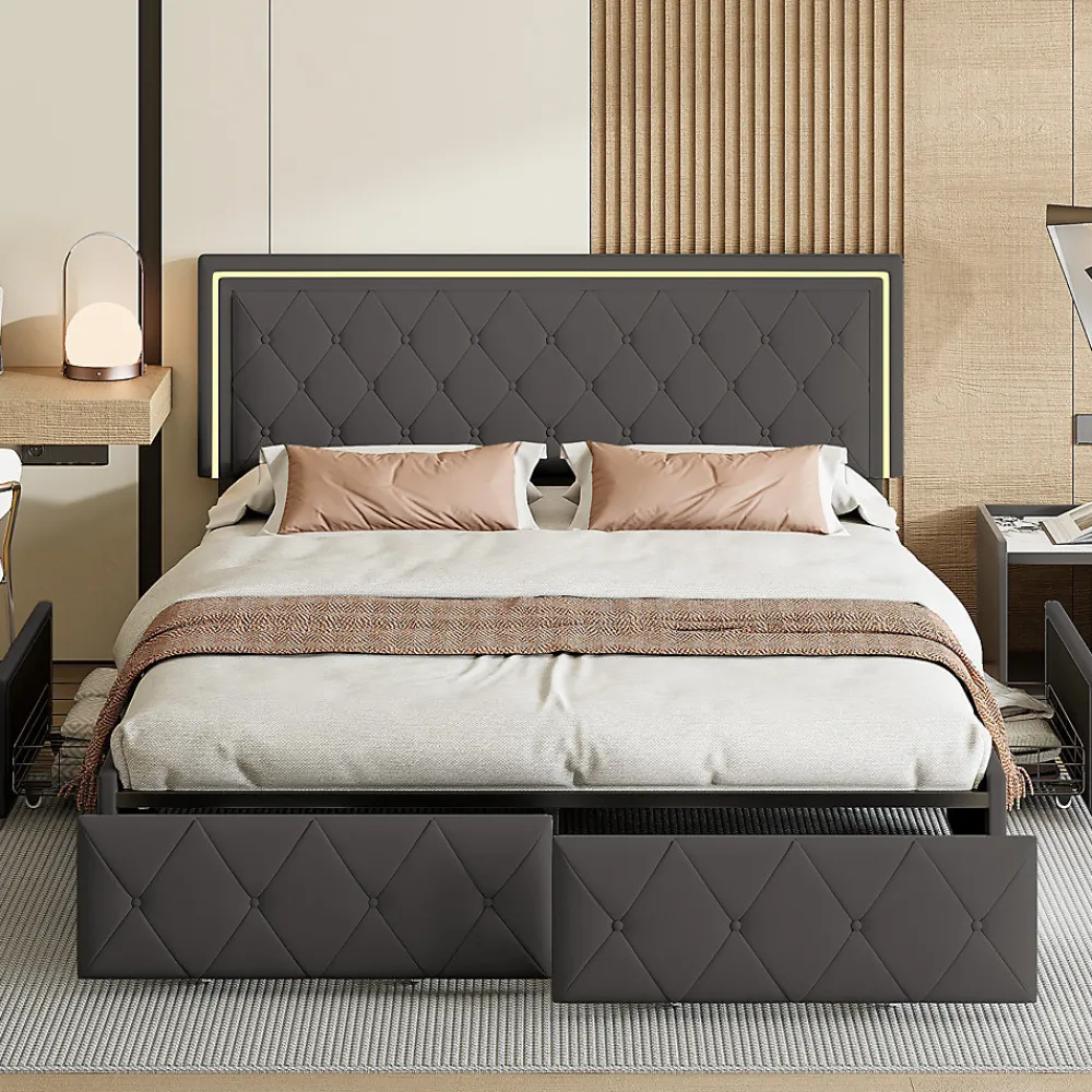 Lit 160x200cm Avec LED Tête De Lit Relevable, Lit Capitonné Avec 4 Tiroirs Et Rangement Lit, Gris>Simple Life Online