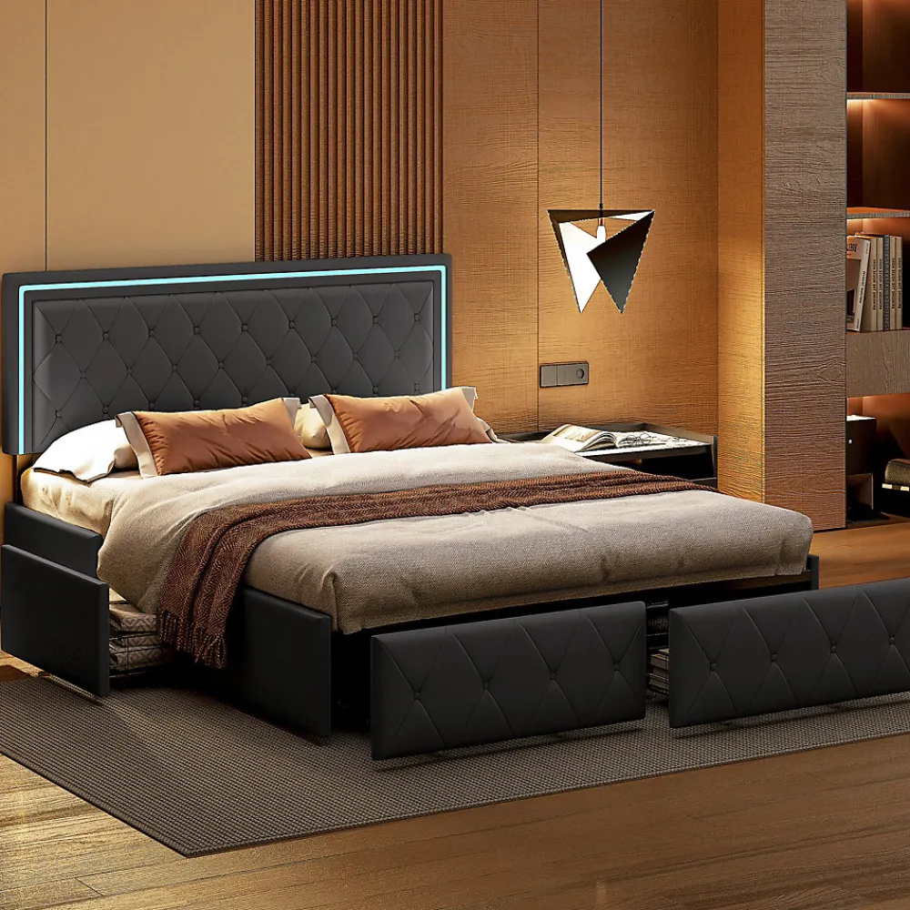 Lit 160x200cm Avec LED Tête De Lit Relevable, Lit Capitonné Avec 4 Tiroirs Et Rangement Lit, Gris>Simple Life Online