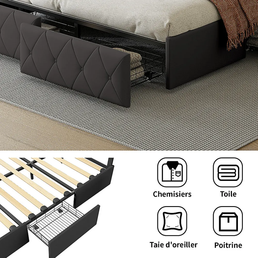 Lit 160x200cm Avec LED Tête De Lit Relevable, Lit Capitonné Avec 4 Tiroirs Et Rangement Lit, Gris>Simple Life Online