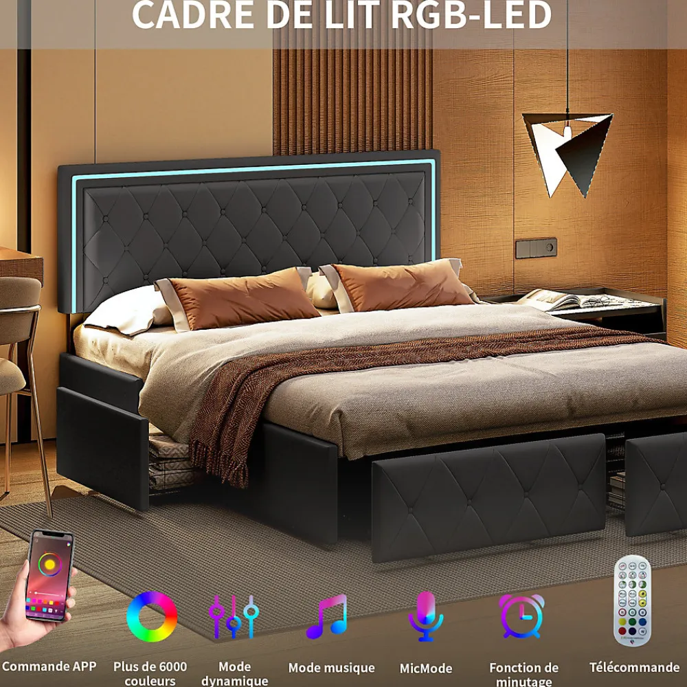 Lit 160x200cm Avec LED Tête De Lit Relevable, Lit Capitonné Avec 4 Tiroirs Et Rangement Lit, Gris>Simple Life Online