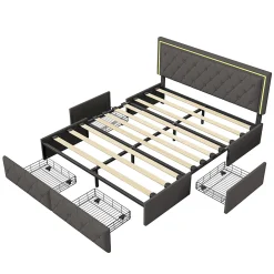 Lit 160x200cm Avec LED Tête De Lit Relevable, Lit Capitonné Avec 4 Tiroirs Et Rangement Lit, Gris><noscript><img width=