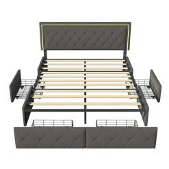 Lit 160x200cm Avec LED Tête De Lit Relevable, Lit Capitonné Avec 4 Tiroirs Et Rangement Lit, Gris><noscript><img width=