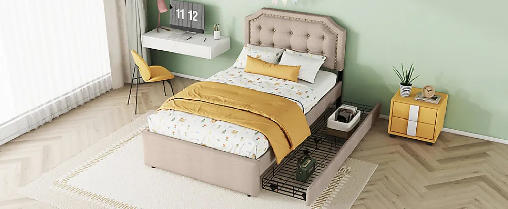 Lit 90x200cm, avec tiroirs et clous décoratifs, Beige>Fortuna lai Clearance
