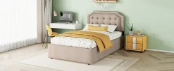Lit 90x200cm, avec tiroirs et clous décoratifs, Beige><noscript><img width=