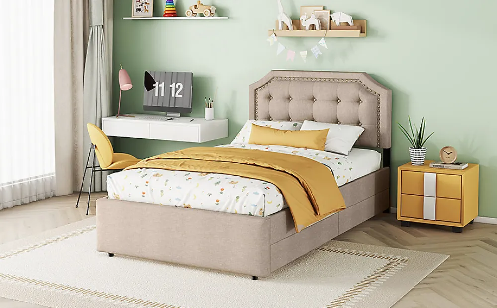 Lit 90x200cm, avec tiroirs et clous décoratifs, Beige>Fortuna lai Clearance