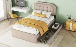 Lit 90x200cm, avec tiroirs et clous décoratifs, Beige><noscript><img width=