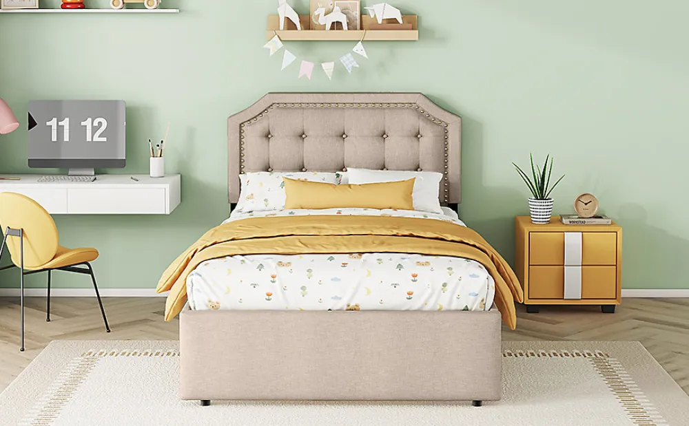 Lit 90x200cm, avec tiroirs et clous décoratifs, Beige>Fortuna lai Clearance