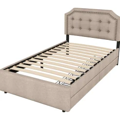 Lit 90x200cm, avec tiroirs et clous décoratifs, Beige><noscript><img width=